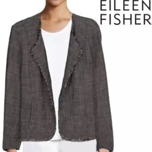 Eileen Fisher Linen Blazer Jacket Grey black tweed Fray Hem size small